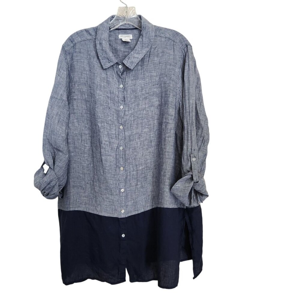 Artisan NY 100 % Linen Color block 2‎ tone women's 1X XL Tunic shirt Roll-Tab